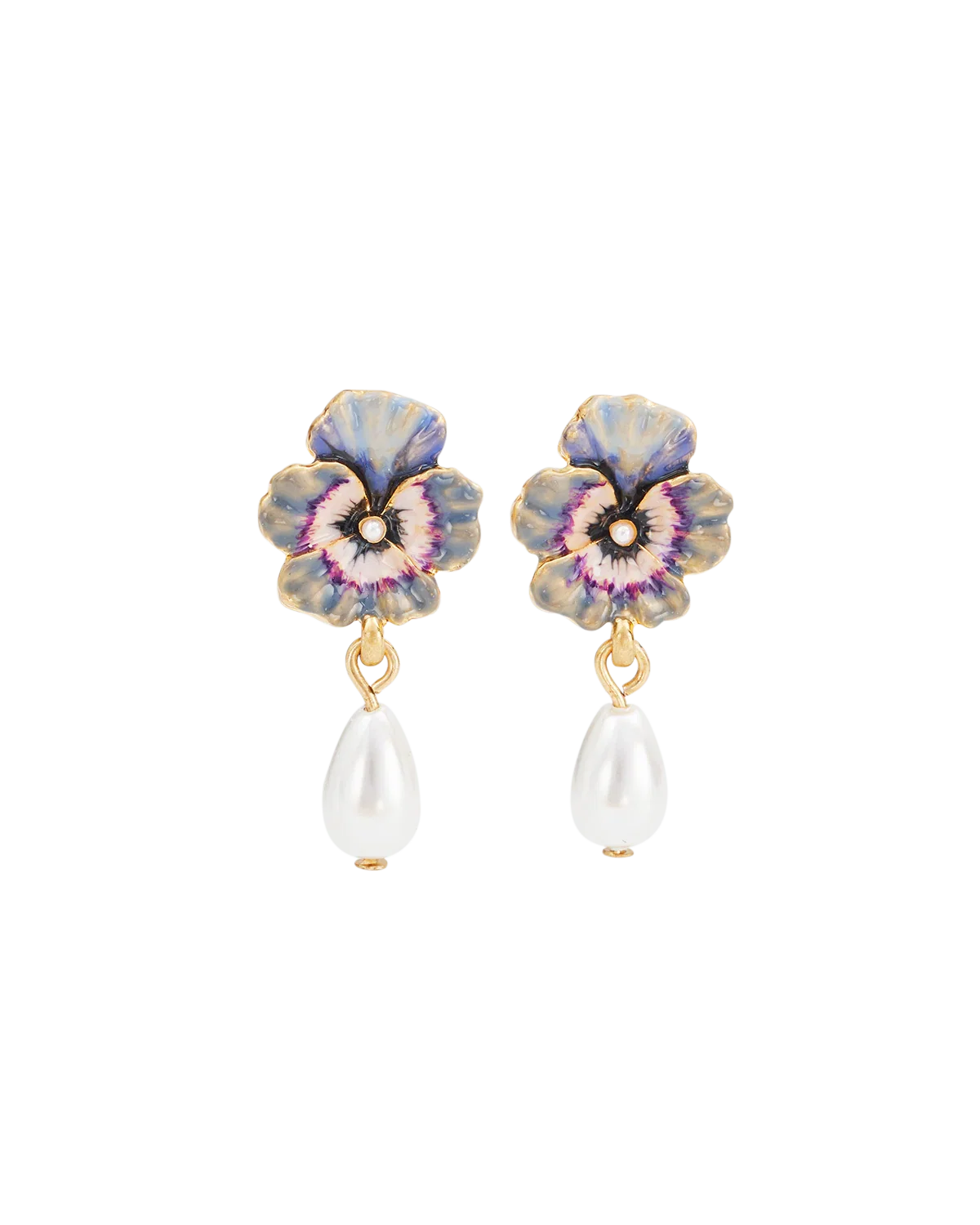 Image of Gold Pansy & Pearl Drop Stud Earrings