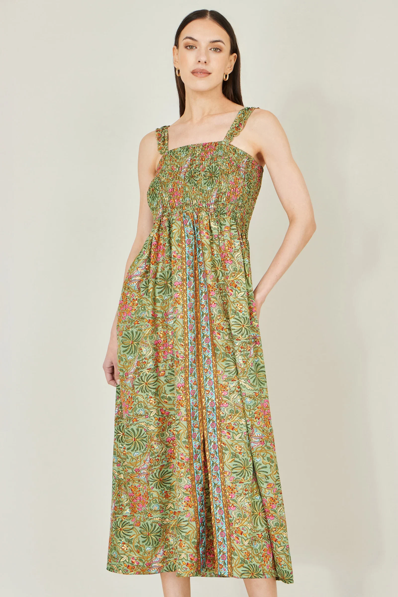 Yumi Green Foil Palm Print Ruched Maxi Dress With Border Detail