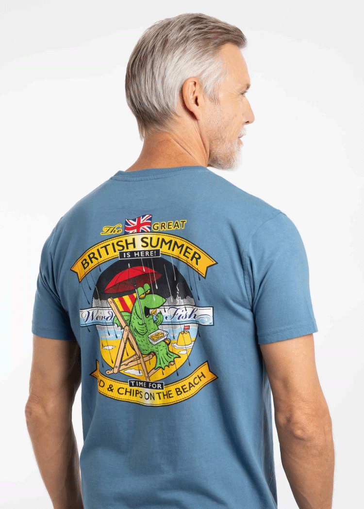 Cod and Chips Back Print Artist T-Shirt Washed Blue