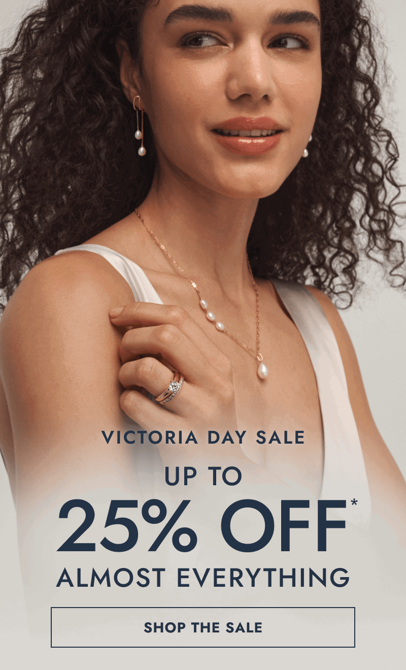 Woman wearing pearl earrings, necklace and diamond rings. Victoria day sale up to 25% Off almost everything. Click shop sale.