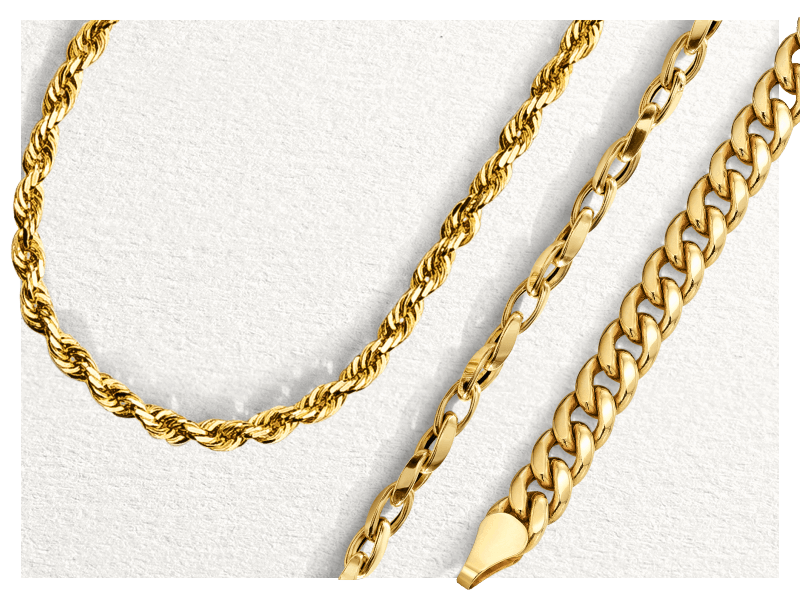 Yellow gold chains, including a rope chain necklace and classic chain bracelets.