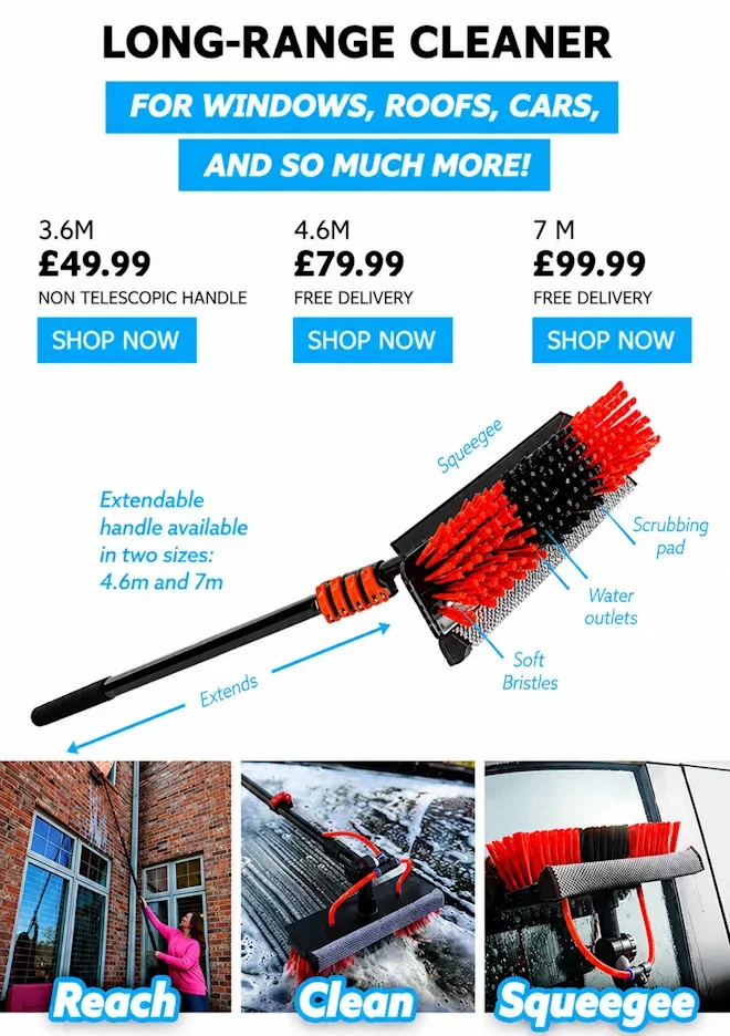 Long-reach, extendable cleaner for windows, roofs, cars, solar panels and so much more!