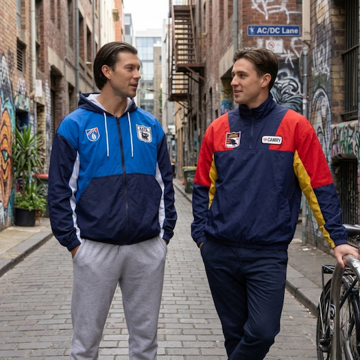 Two men chatting in a Melbourne street wearing AFL Throwback clothing