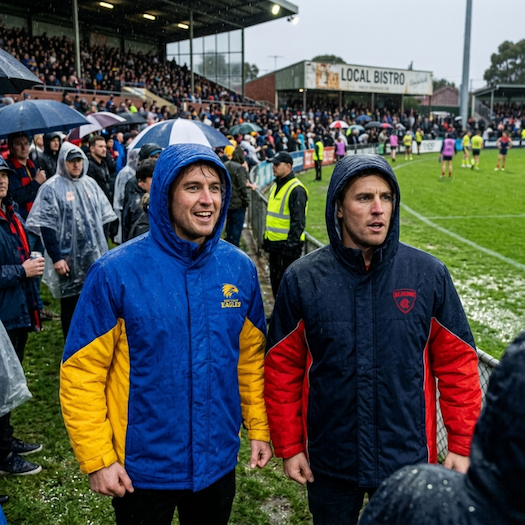 Two men at a rainy AFL game wearing Stadium Jackets