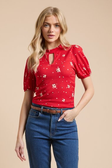 Red Ditsy Keyhole Neck With Puff Sleeve Blouse