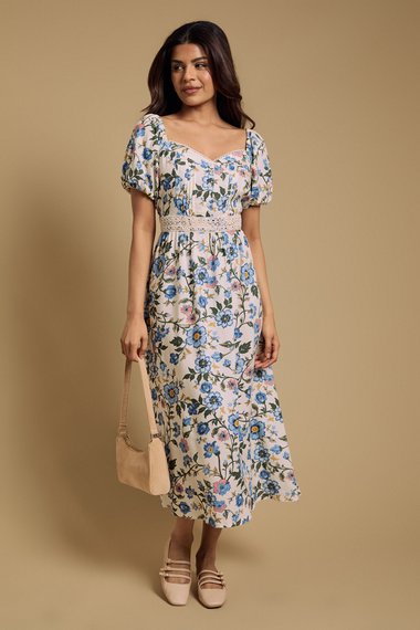 Petite Blue Floral Lace Trim Pleat Bodice Puff Sleeve Midi Dress