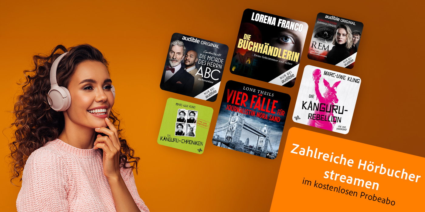 Frau mit Kopfhörern und Audible Hörbüchern