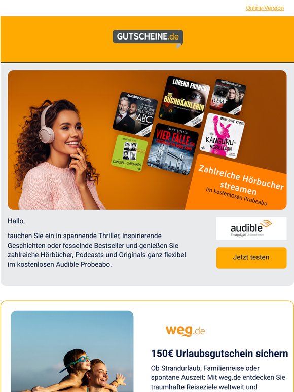 Audible kostenlos testen | 150€ Gutschein bei weg.de
