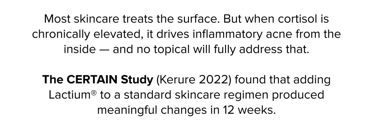 Most skincare treats the surface. But when cortisol is chronically elevated, it drives inflammatory acne from the inside — and no topical will fully address that. | The CERTAIN Study (Kerure 2022) found that adding Lactium® to a standard skincare regimen produced meaningful changes in 12 weeks.