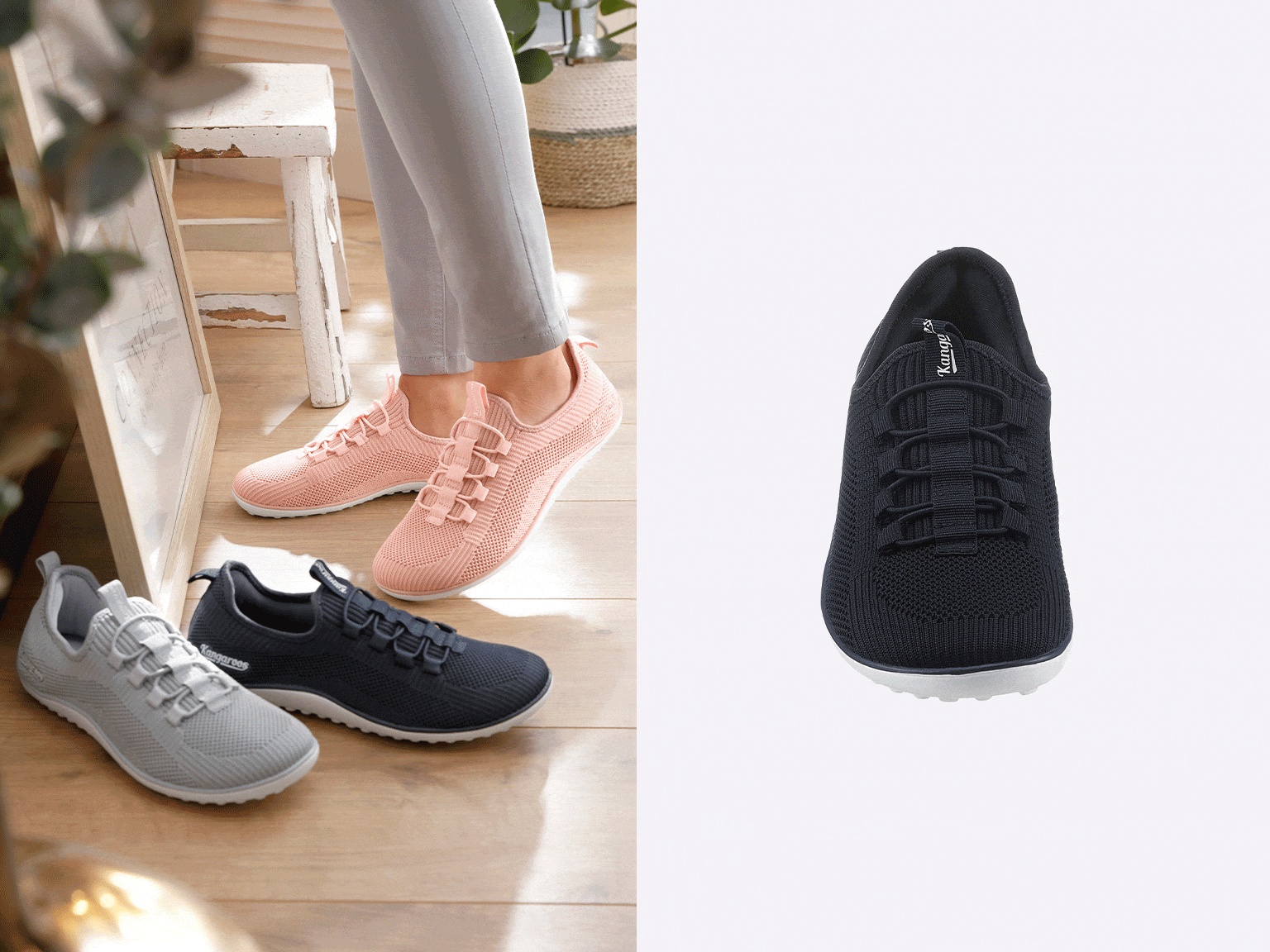 Das Bild ist zweigeteilt: Links trägt eine Frau hellrosé Sportschuhe aus Netzmaterial, davor stehen noch zwei Paar derselben Schuhe in den Farben grau und marine. Rechts sind abwechselnd die Schuhe von der linken Seite zu sehen, in den Farben marine, mint, grau und hellrosé.