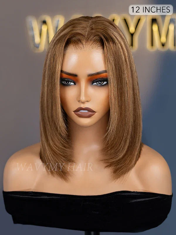 Wavymy Highlight Yaki Straight Layered Cut Bob Wig 9x6 T-Part Lace Wear Go Glueless Wigs 180% Density
