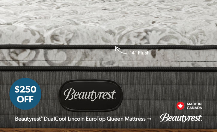 250 dollars OFF. 14 inch plush. Made in Canada. Click to shop the Beautyrest DualCool Lincoln EuroTop Queen Mattress