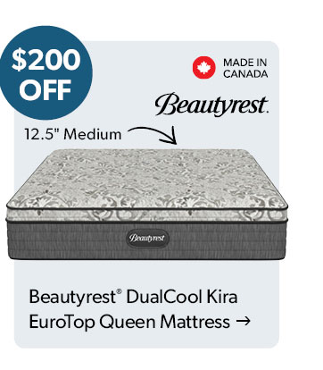 200 dollars OFF. 12.5 inch medium. Made in Canada. Click to shop the Beautyrest DualCool Kira EuroTop Queen Mattress