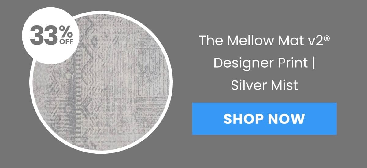 A close-up circular view of a silver mist designer print mat is shown on the left, with a white circle containing '33% OFF' overlaid on the top left o...