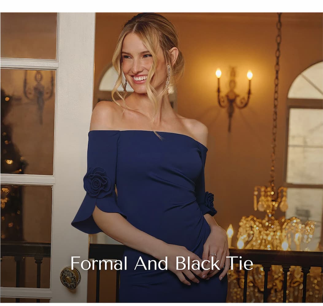 Off Shoulder Bell Sleeve Rosette Gown In Navy Sateen