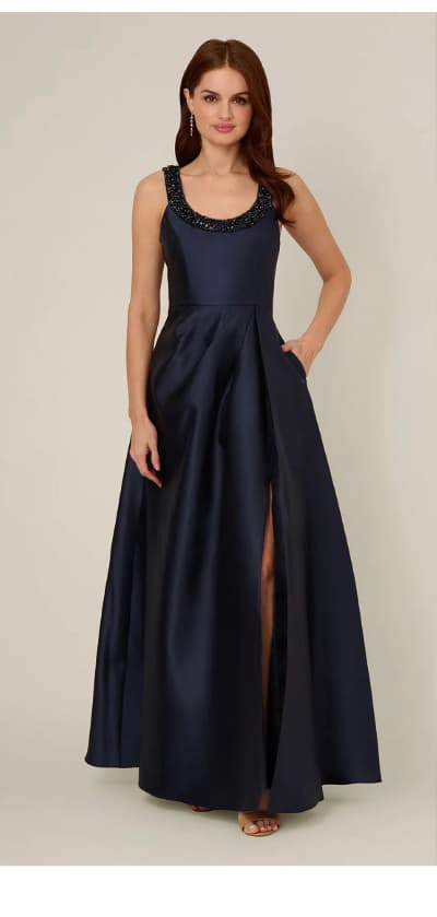 Sleeveless Beaded Mikado Fit And Flare Gown In Midnight