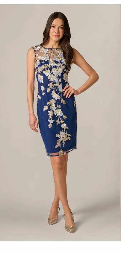 Sleeveless Illusion Floral Embroidery Sheath Dress In Navy Ecru