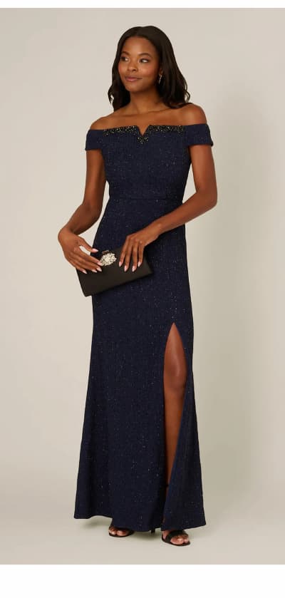 Beaded Off Shoulder Glitter Tweed Gown In Navy