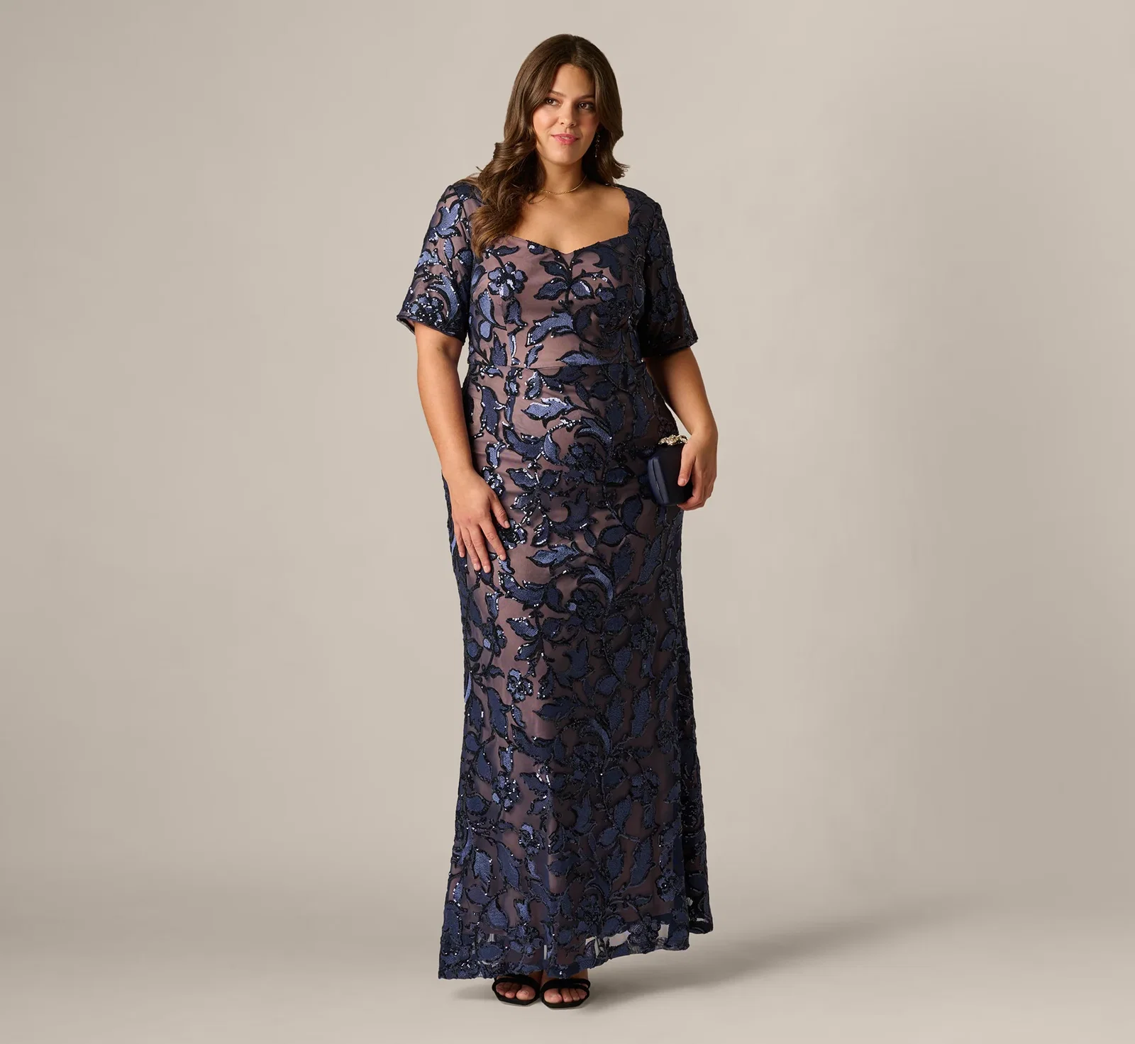 Image of Plus Size Short Sleeve Floral Sequin Stretch Mesh Gown In Navy Rosegold