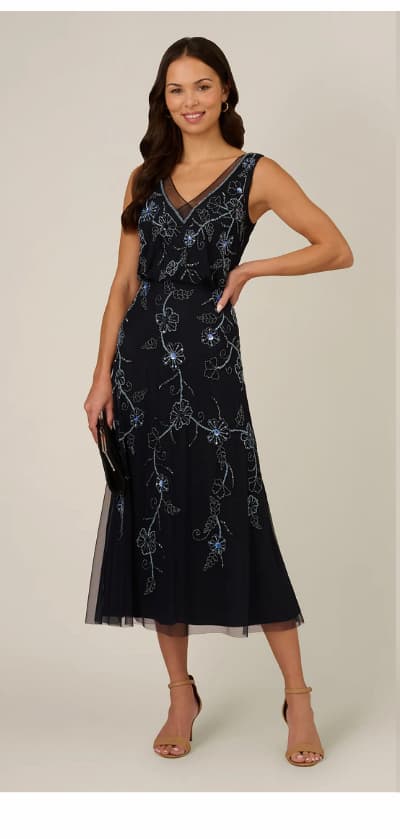 Sleeveless Beaded Blouson Midi Dress In Midnight Multi