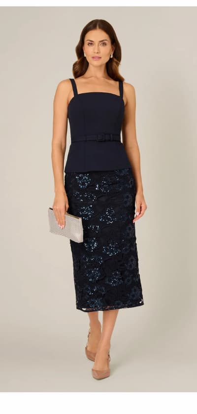 Sleeveless Sequin Lace Combo Midi Dress In Midnight