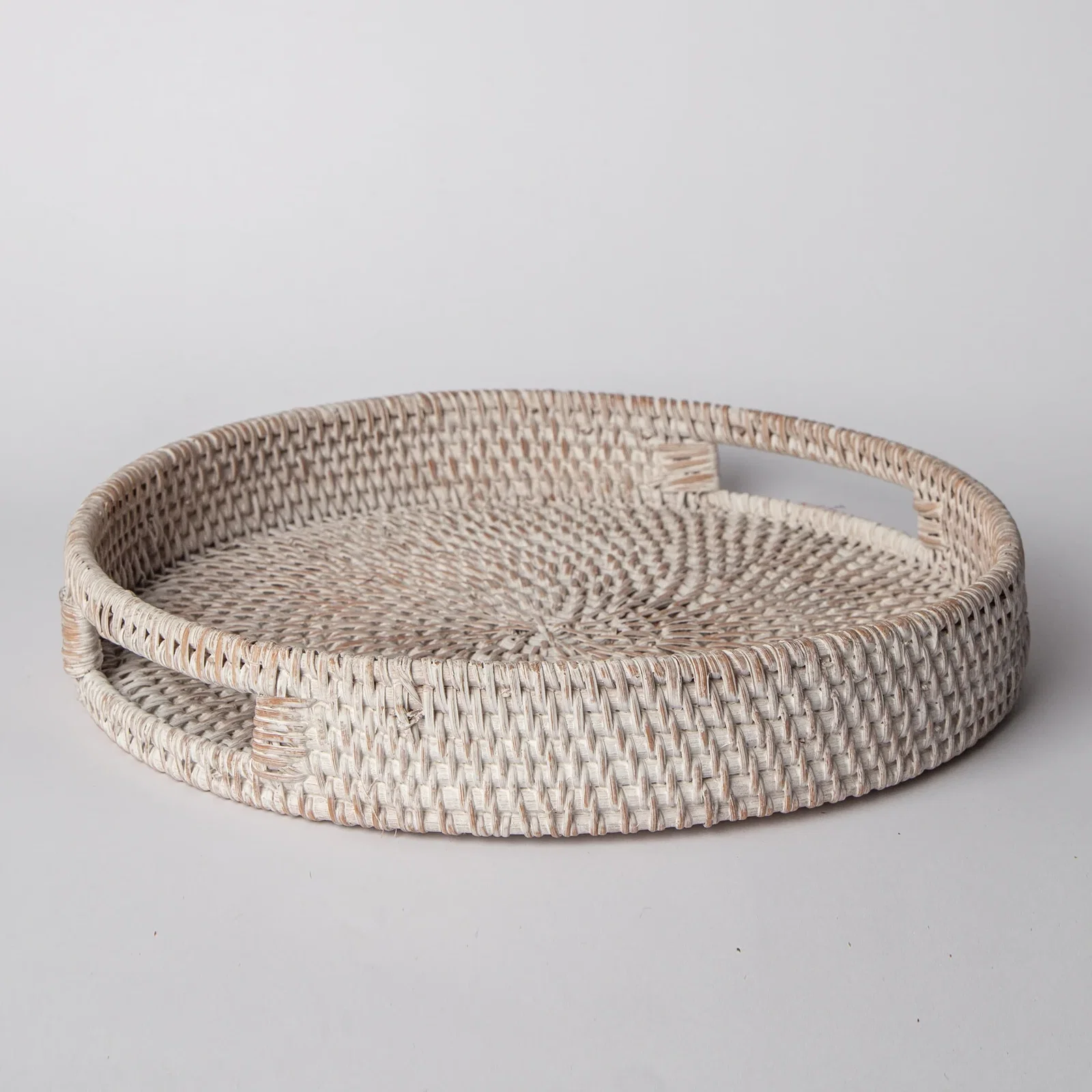 Image of 404 Round Rattan Tray — Decorative White Woven Tray For Coffee Table & Home