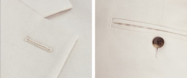 Close up shots of a tan Haggar suit