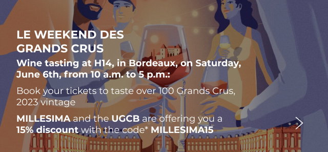 Tasting at H14, in Bordeaux, on Saturday, June 6th, from 10 a.m. to 5 p.m.: 100 Estates will be present to let you taste their latest Vintage along with a second one of their choice. Millésima and the UGCB are offering you a 15% discount with the code* MILLESIMA15