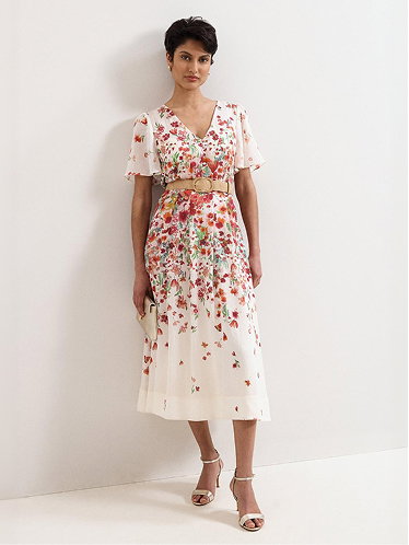 Lovette Linen Blend Cream Floral Midi Dress