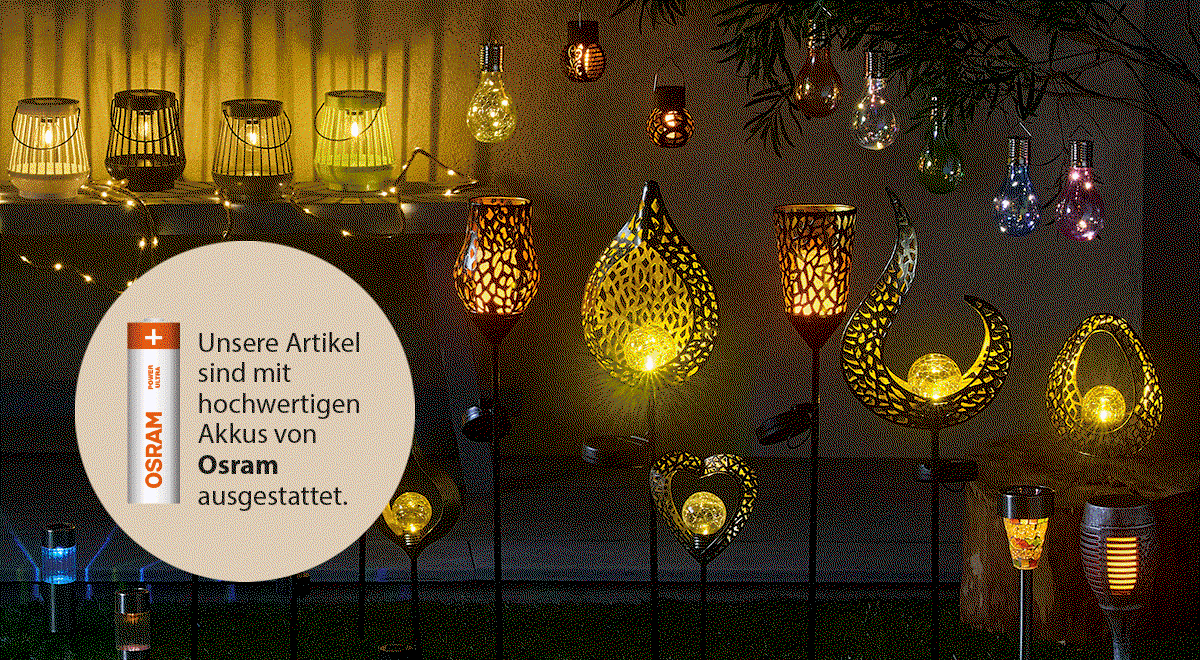 Verschiedene Solar-Lichter. Darstellung am Tag und in der Nacht.