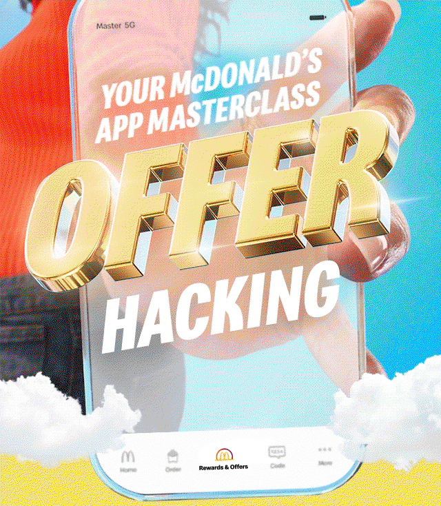 A hand holding a smartphone. Text on the smartphone reads 'Your McDonald's app master class offer hacking'.