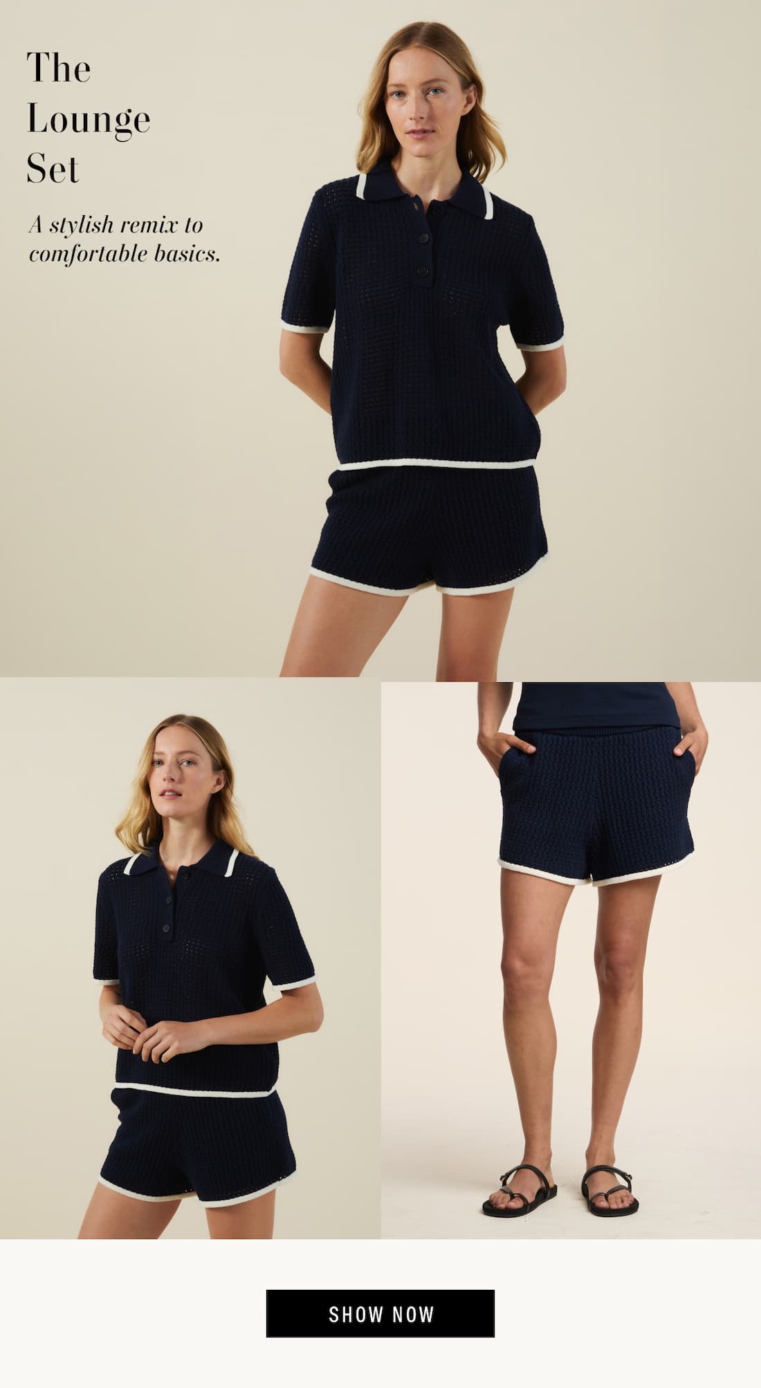 The Lounge Set. A stylish remix to comfortable basics. 3 model images wearing Lumae Sweater and Jenifer Shorts. Shop Now