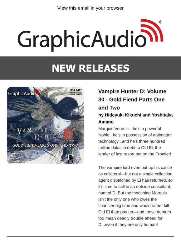 Graphic Audio Weekly News featuring Vampire Hunter D 30: Gold Fiend Parts One and Two