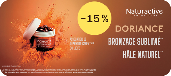 Visuel sur fond orange montrant un pot ouvert de gélules avec projection de poudre orange. À droite figurent le logo Naturactive Laboratoire, le nom de produit « Doriance » et le texte « L’allié solaire naturel aux 11 phytopigments® ». En bas à gauche apparaît la mention « Complément alimentaire ».