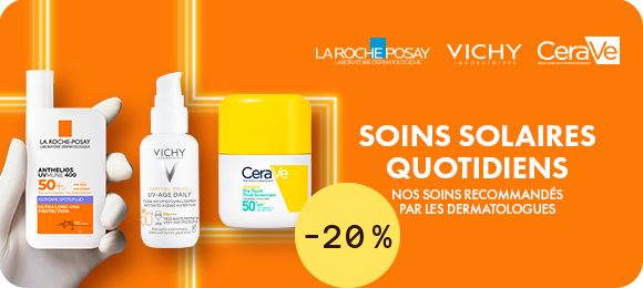 Bannière à fond orange avec les logos "LA ROCHE-POSAY Laboratoire Dermatologique", "VICHY Laboratoires" et "CeraVe". Le titre indique "SOINS SOLAIRES QUOTIDIENS" puis "NOS SOINS RECOMMANDÉS PAR LES DERMATOLOGUES". Un bouton rouge affiche "J’en profite". À gauche sont présentés trois produits SPF 50+, dont Anthelios UVMune 400 50+, Capital Soleil UV-Age Daily 50+ et un pot CeraVe 50+.
