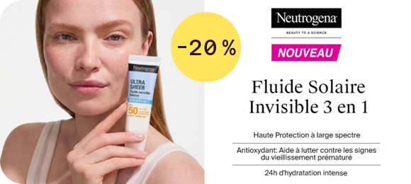 À gauche, une femme à la peau claire tient un tube de crème solaire devant son visage. Le produit affiche "Neutrogena Ultra Sheer" avec "SPF 50". À droite, sur fond gris, logo Neutrogena avec étiquette "NOUVEAU". Titre "Fluide Solaire Invisible 3 en 1". Texte "Haute Protection à large spectre", "Antioxydant : Aide à lutter contre les signes du vieillissement prématuré" et "24h d'hydratation intense"