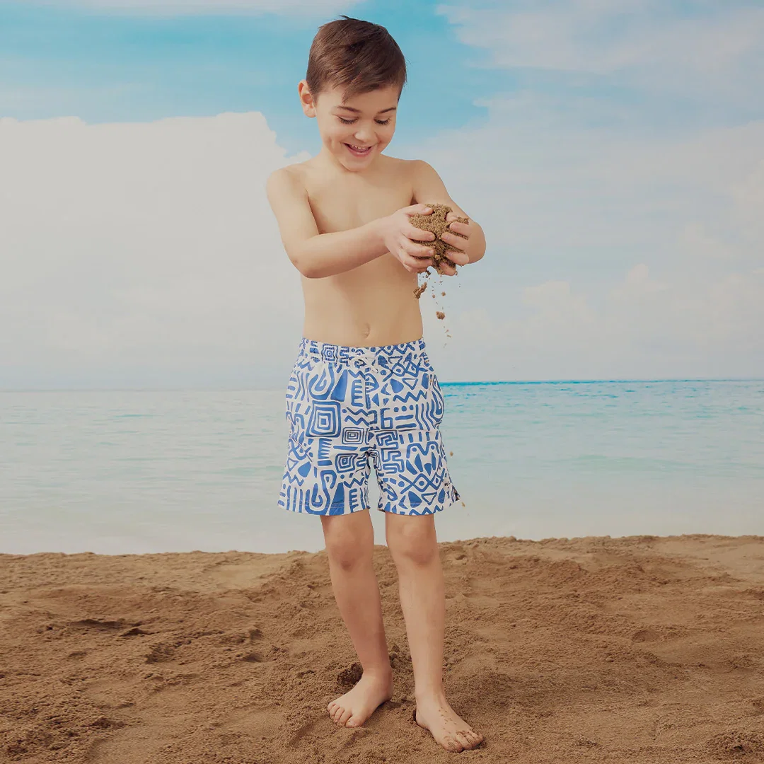 Image of Deep Blue and Off-White Patterned Swim Trunks