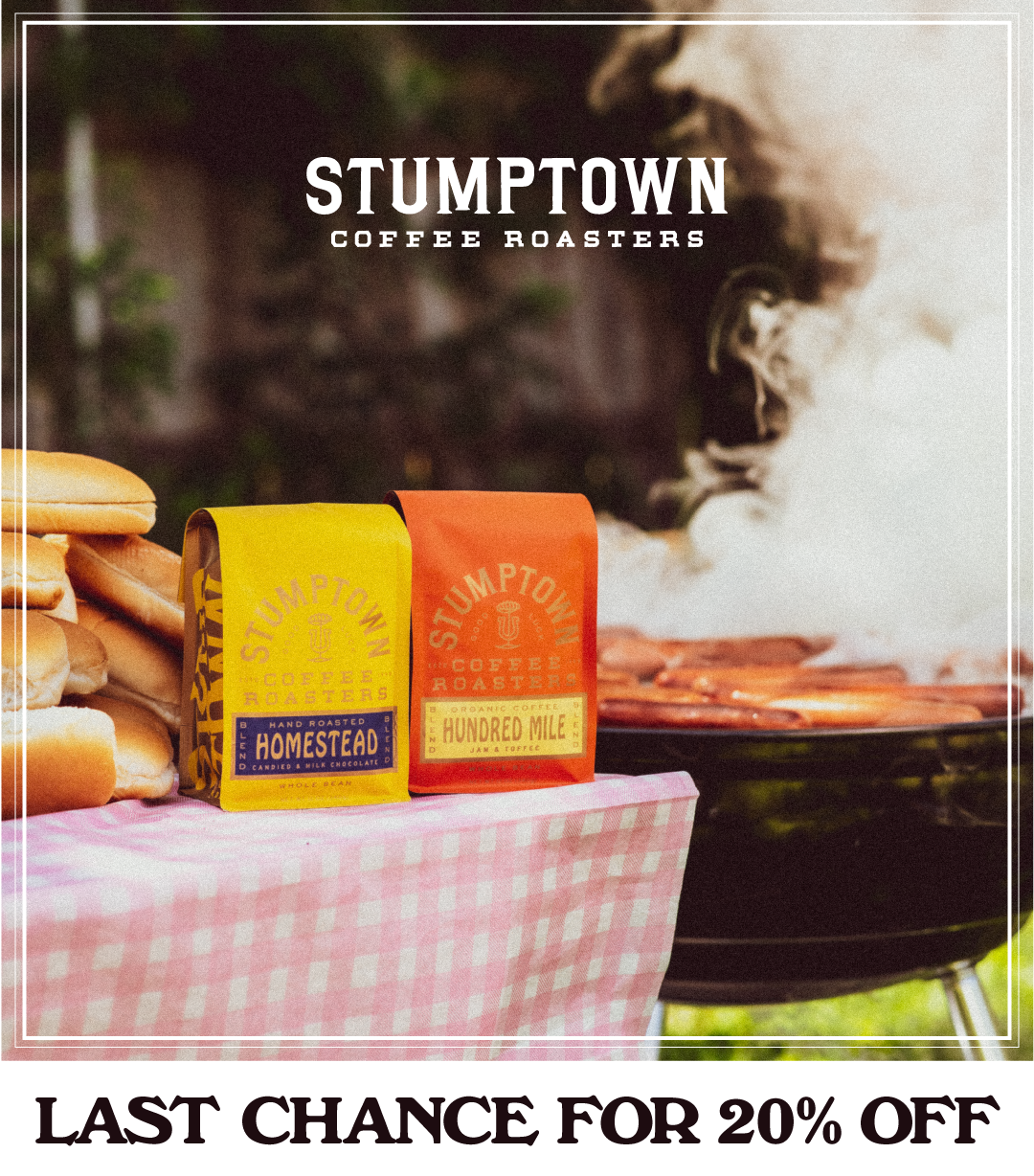 Two bright Stumptown Coffee bags—Homestead and Hundred Mile—sit on a pink gingham-covered picnic table beside hot dog buns and a steaming grill, with the Stumptown Coffee Roasters logo above. Headline reads: LAST CHANCE FOR 20% OFF