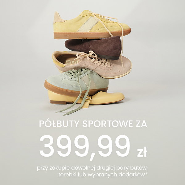 Stack of colourful trainers with a promotional offer in Polish, price 399.99 zł