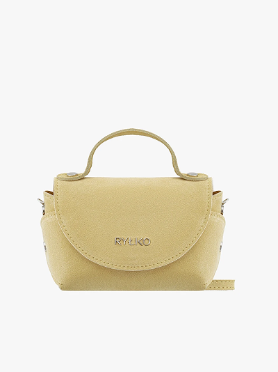 Small beige handbag with top handle and Rylko logo on front