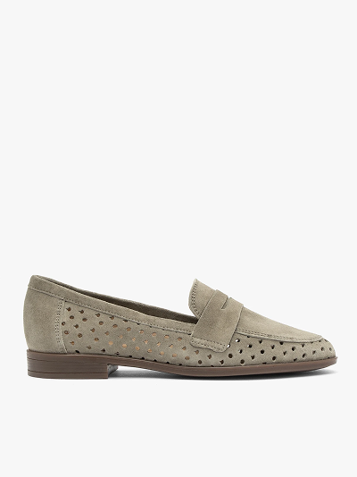 Beige suede loafer with perforated design and low heel on white background