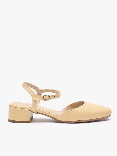 Beige block heel sandal with ankle strap and closed toe on white background