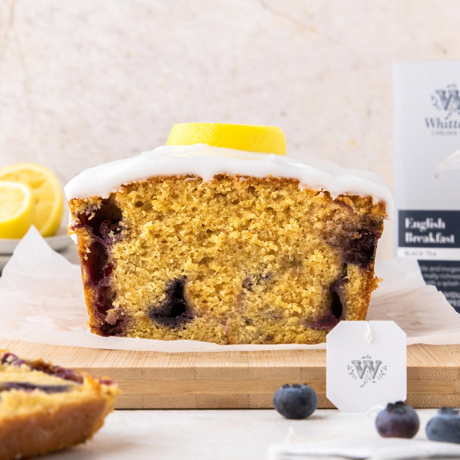 image of lemon & blueberry breakfast tea loaf cake