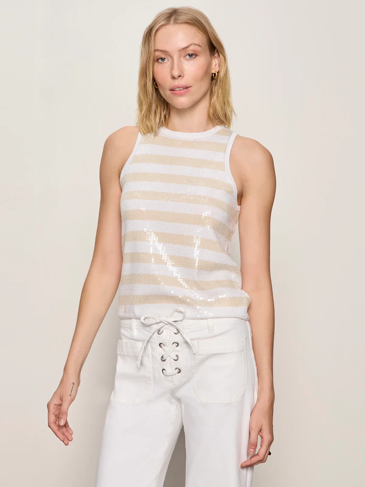 Image of Summer Shine Sequin Shell Sweater Summer Sand / White Stripe
