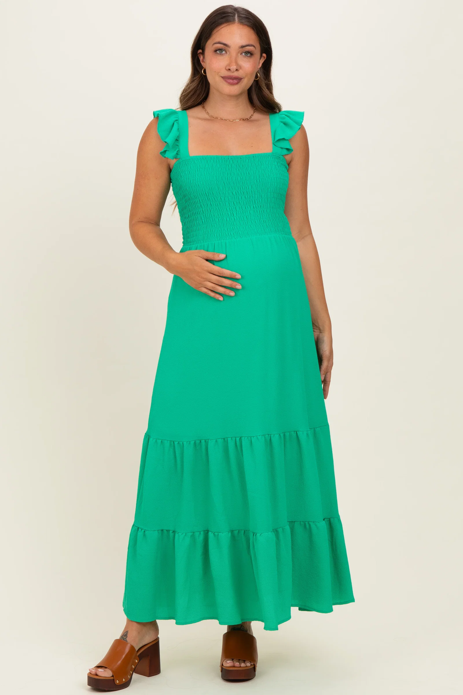 Image of Green Ruffle Strap Smocked Maternity Maxi Dress