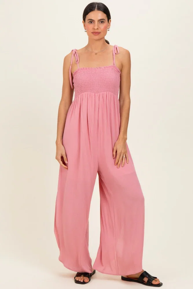 Image of Mauve Smocked Wide Leg Adjustable Strap Jumpsuit
