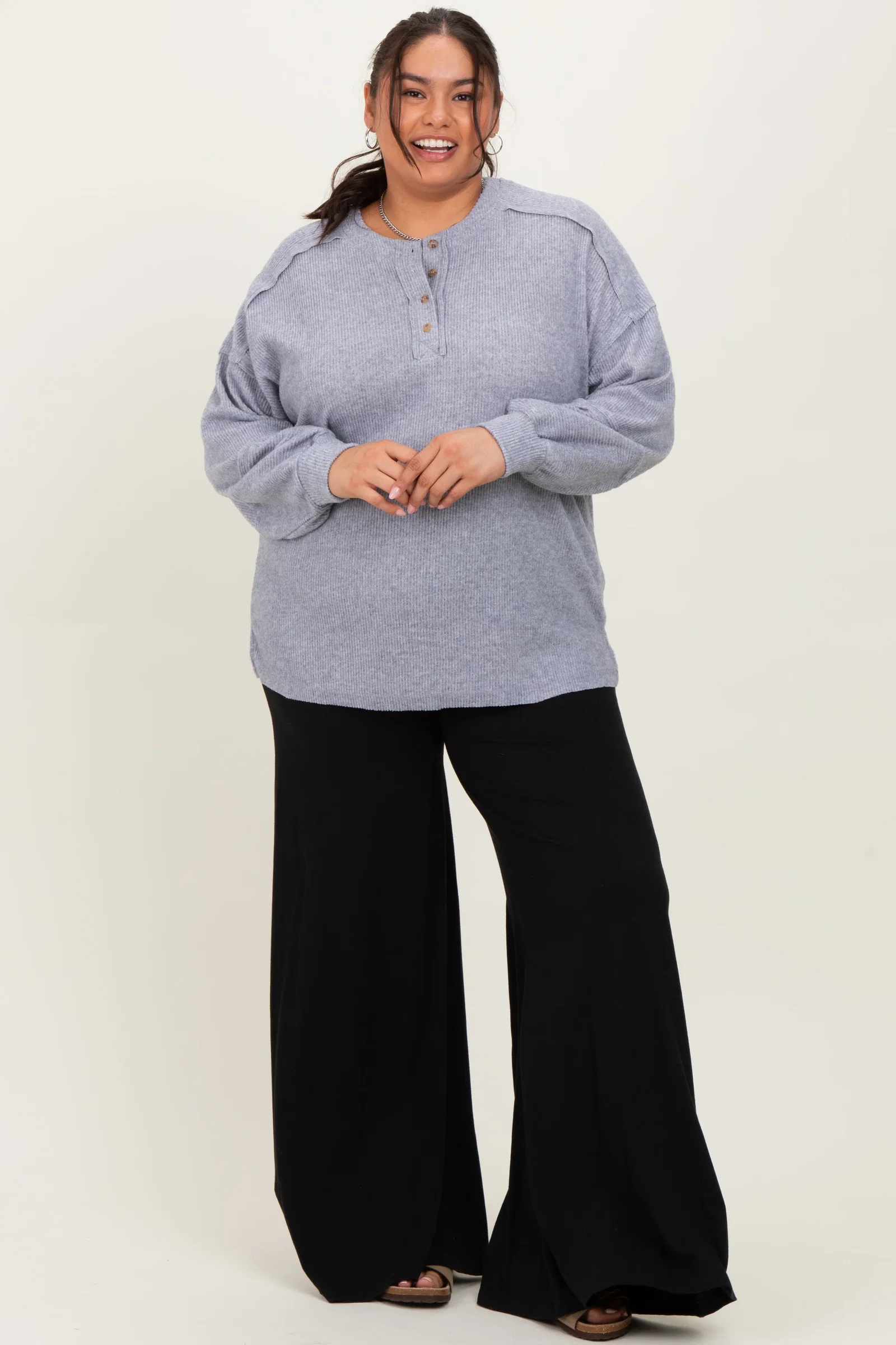 Image of Heather Grey Oversized Ribbed Knit Henley Plus Sweater