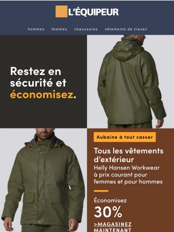 Économisez 30 % sur les vêtements d'extérieur Helly Hansen Workwear à prix courant