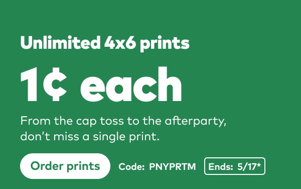 Unlimited 4x6 prints 1 cent each. Code: PNYPRTM. Ends 5/17, see site for details. Order prints.