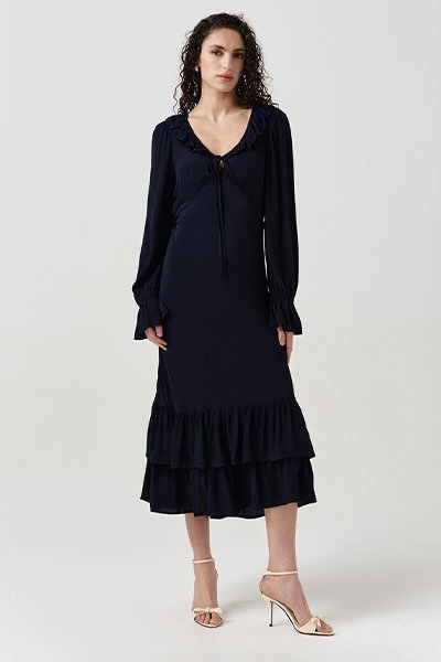 Melina Crepe Ruffle Hem Midi Dress